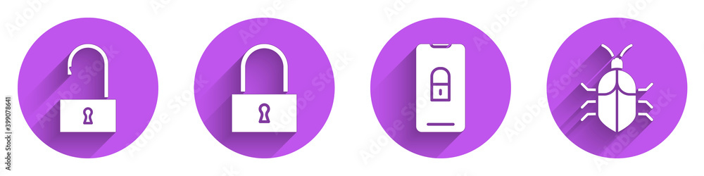 Poster set open padlock, lock, mobile with closed padlock and system bug concept icon with long shadow. vec