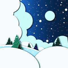  Winter snowy flat  with snowdrift, pines, hills and snowflakes. Vector illustration