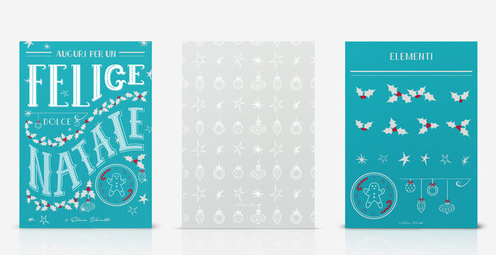 Christmas greeting card. Vector Illustrations postcard with lettering calligraphy, decorative ornament elements and pattern. DIN A6