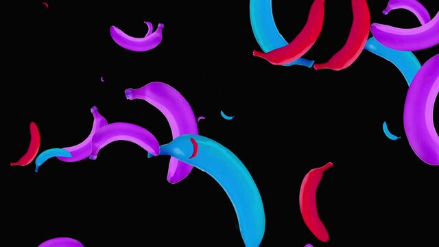 Rotating multicolored falling ripe tropical fruit bananas. pattern on a black background. the style is minimal. cyclic animation. copy space. Change the size and color. presentation, form, blank