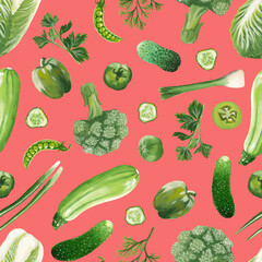 seamless pattern vegetables of green color on a pink background. raster hand drawn seamless print with green vegetables