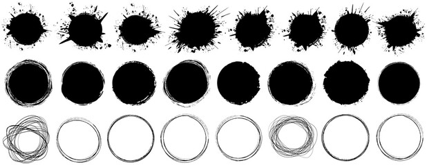 set of round brush painted ink stamp circle banner on transparent background	
