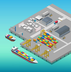 the beautiful top view of isometric port terminal plan include container ship, bulk ship, truck, forklift, gantry crane, jib crane, RTGs, reefer rack, container box, port gate, warehouse, and building
