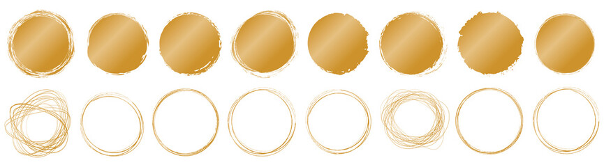 set of gold round brush painted ink stamp circle banner on transparent background	
