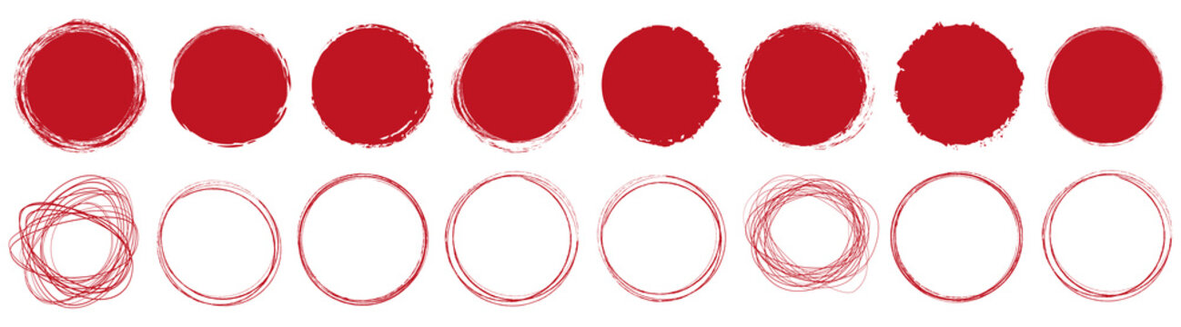 set of red round brush painted ink stamp circle banner on transparent background	
