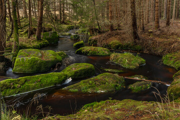 Jezerni creek in autumn color morning with red water and green beautiful stones