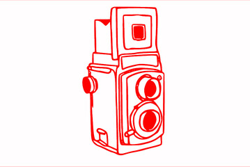 Stary kominkowy czerwony aparat fotograficzny, ilustracja rysunek.