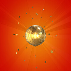 Shiny golden dance ball of gold coins and symbols of the American currency dollars rotate and turn. The dollars golden symbols glitters dance on a red background.