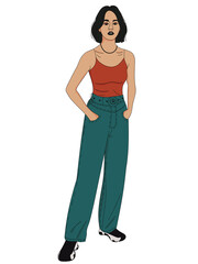 vector illustration, original character, street style, a girl with a bob haircut stands in jeans, a top and sneakers, posing,  modern young people