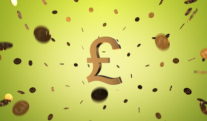 British pound currency symbol gold sign and gold coins  pound on a yellow background. 