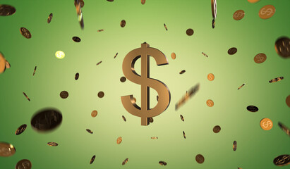 Golden coins and symbols of the American currency dollars rotate in a chaotic manner. The dollars golden symbol glitters on a green background. 