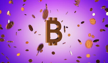 Bitcoin digital money currency golden symbol with gold coins bitcoin on a purple background. 