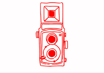 Stary kominkowy czerwony aparat fotograficzny, ilustracja rysunek. - obrazy, fototapety, plakaty