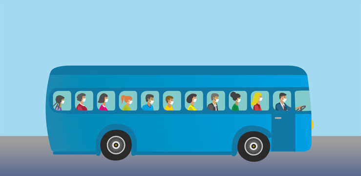 Bus with variation among passengers; age, gender, orgins and all wearing mouth guard. Vector illustration. EPS10.