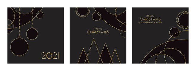 Minimal golden black background set, golden line art Christmas vector illustration