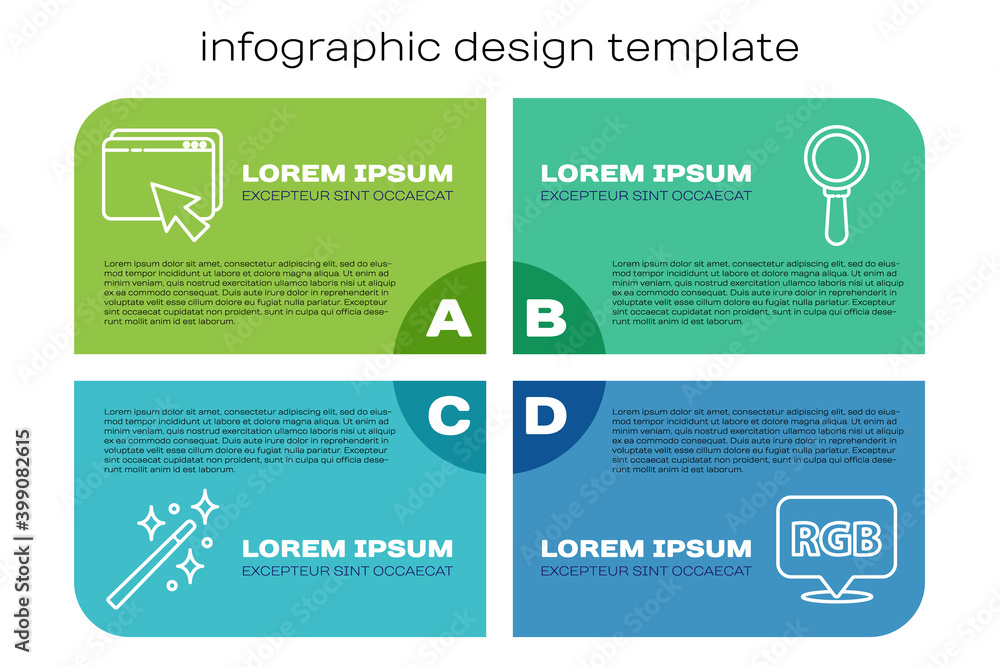 Poster set line magic wand, web design and development, speech bubble with rgb and cmyk and magnifying glas