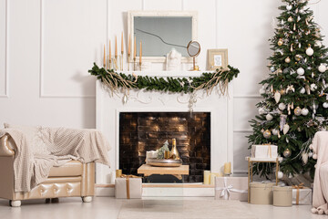 Christmas interior design , bedroom decorated for Christmas