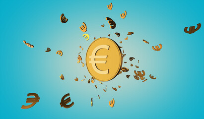 Gold coin and symbol of the European currency Euro rotate and turn. Euro money currency symbol pour down from above. 3D illustration