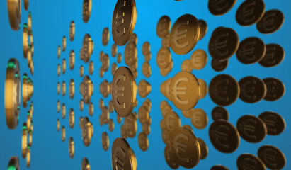 Gold coins Euro glitters on blue background. Symbols of the European currency Euro.  3D illustration
