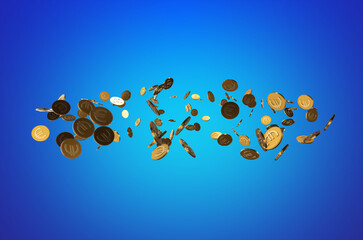 Gold coins and symbol of the European currency Euro revolve in a circle on a blue background. loop animation. 4K motion 