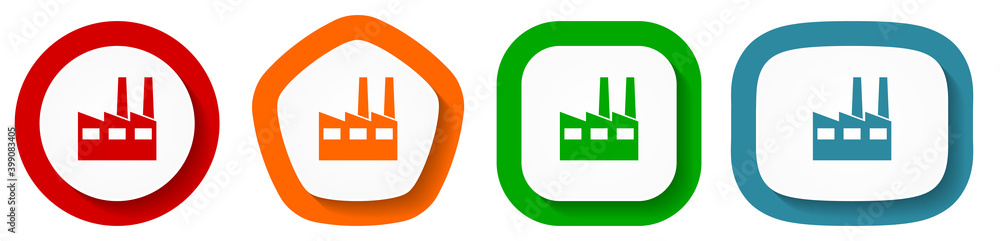 Poster factory, industrial building vector icon set, flat design buttons on white background