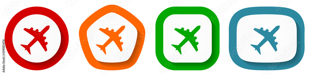 Poster flight, plane, aircraf vector icon set, flat design buttons on white background