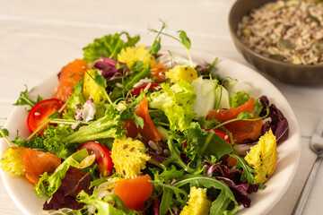 Light breakfast or dinner, mix salad with salmon and different seeds, plate with salad and cornbread close up