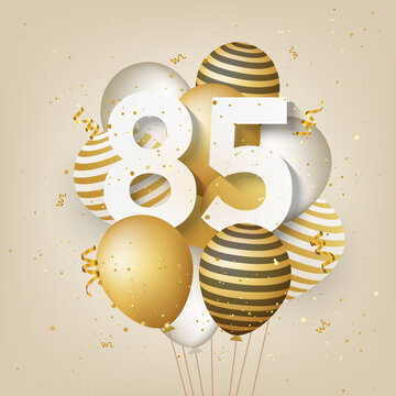 Happy 85th birthday with gold balloons greeting card background. 85 years anniversary. 85th celebrating with confetti. Vector stock