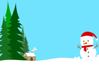 little house with smoke near pine tree forest. winter season with snowman on snow ground and snow ball. illustration christmas with snowman. cold temperature in snowy weather.