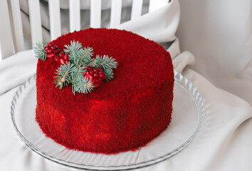 red velvet cake on a white table, white empty space for text