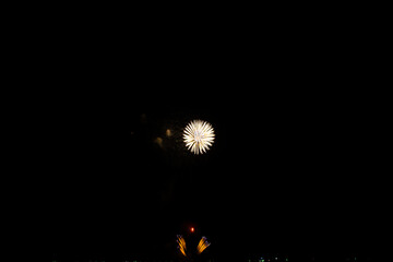 Beautiful multi color fireworks explosions lighting sky over trees silhouette and over an...