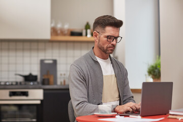 Fototapeta premium Side view portrait of handsome mature man working with laptop at home in kitchen interior, copy space
