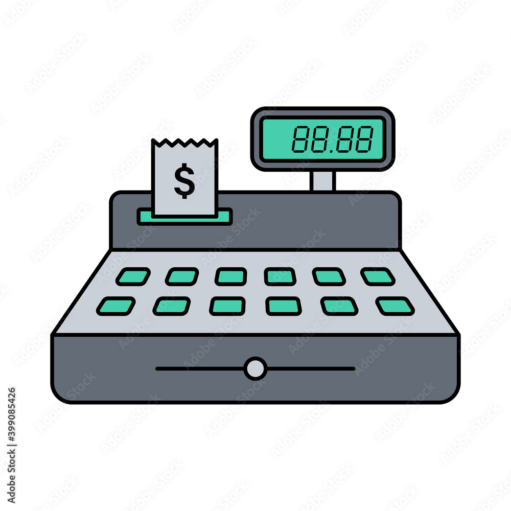Poster cash register color flat illustration with stroke isolated on white background. cash register with p