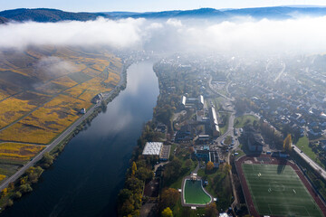 Aerial view, Moselle, vineyards in autumn, Graach, Fog, Aerea Bernkastel-kues, Rhineland-Palatinate, Germany