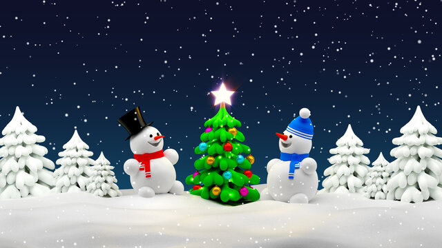 Christmas tree and snowman in winter forest snowy night scene.