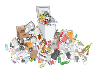 Vector illustration of Trash can. Hand draw collection of different trash. Concept of Recycles Day and ecology