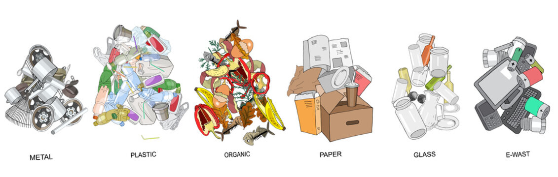 Sorted garbage set. Different types of garbage heap - Organic, Plastic, Metal, Paper, Glass, E-waste.