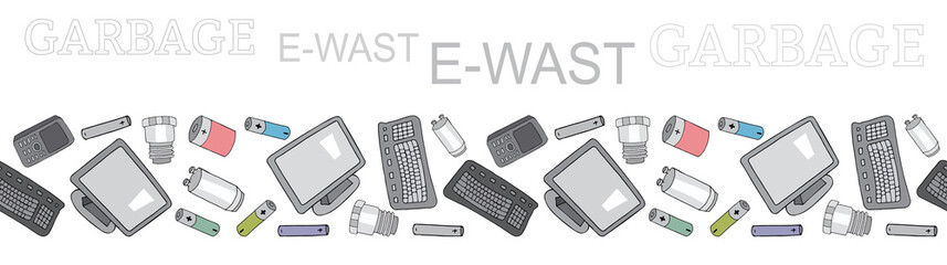 Seamless border of sorted electronic waste garbage isolated on white.