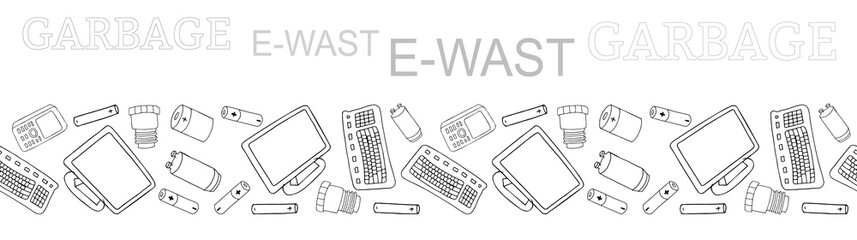 Black and white outline seamless vector border with sorted E-waste garbage isolated on white. Collection of patterns with separate debris.