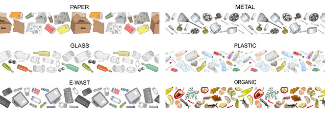 Set of seamless borders with sorted metal garbage isolated on white. Collection of patterns with separate debris. Part 1. Vector pattern. - obrazy, fototapety, plakaty