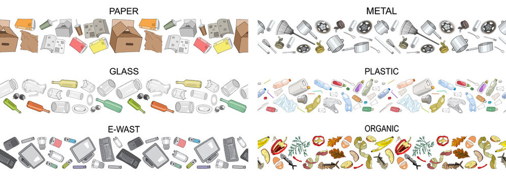 Set of seamless borders with sorted metal garbage isolated on white. Collection of patterns with separate debris. Part 1. Vector pattern.