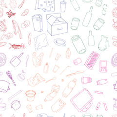 Seamless pattern with sorted paper garbage isolated on white background. Part 1 of separate debris collection. Vector hand drawn set of trash.