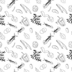 Outline seamless pattern with sorted organic garbage isolated on white.