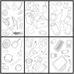 Large set of sorted garbage on white background. Hand drawn vector illustration.