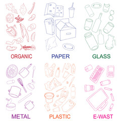 Large set of sorted garbage on white background. Hand drawn vector illustration.