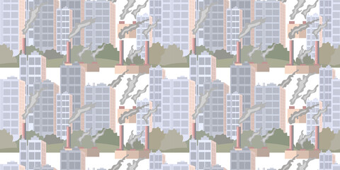 Urban landscape seamless pattern. Air pollution by plants and factories.