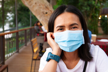 Virus mask Asian woman travel wearing face protection in prevention for coronavirus in Thailand.