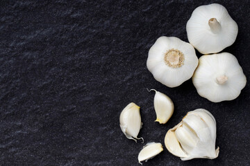 Garlic Cloves and Bulb on dark black Granite floor background. spice is an herb that is grown around the world. banner copy space.