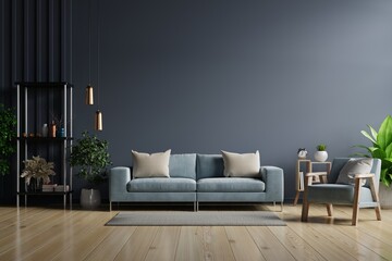 The interior has a sofa and armchair on empty dark wall background.