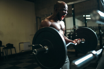 Emotional muscular african american man straining muscles, screaming and lifting a heavy barbell